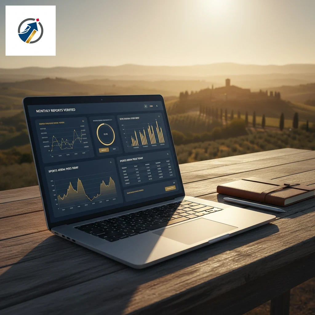 Tablet con grafico a linee indicante il rendimento e il ROI mensile dei pronostici.