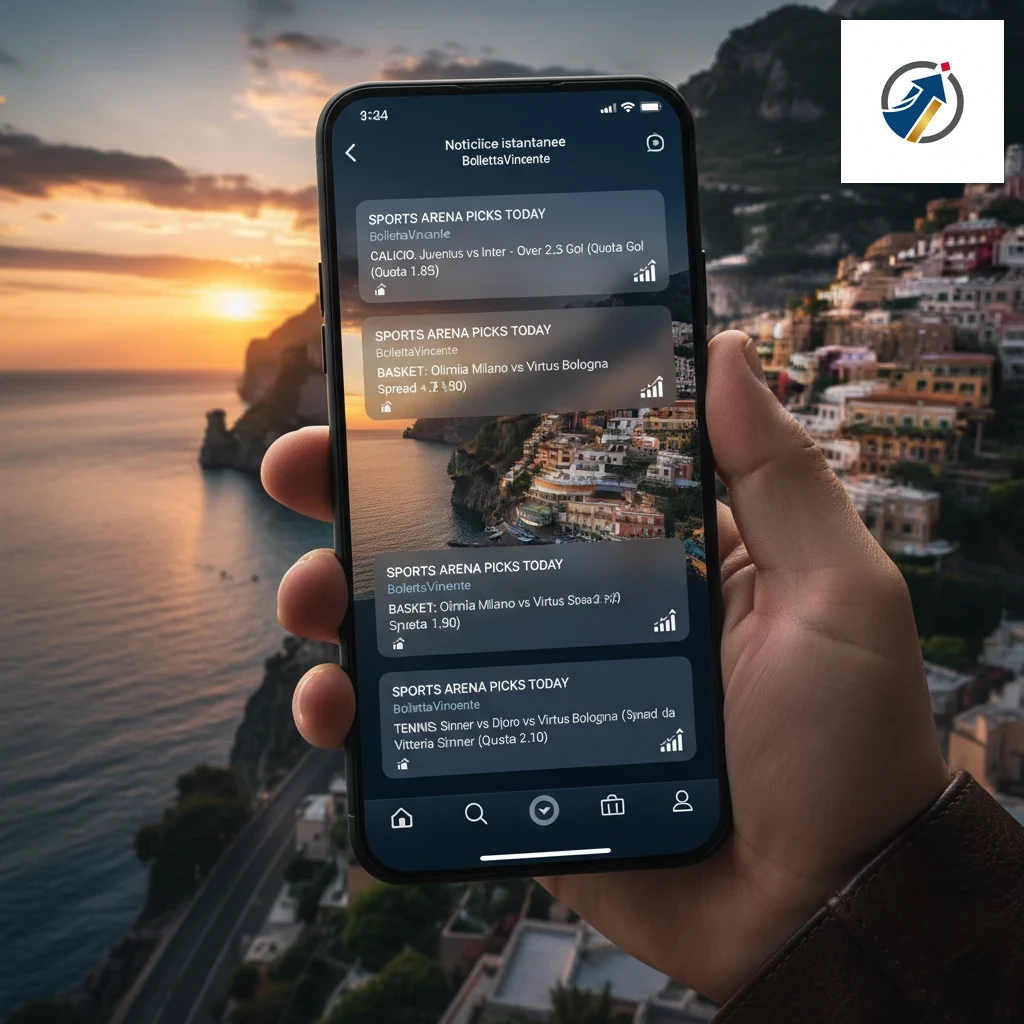Schermata dello smartphone con notifiche in tempo reale sui pronostici sportivi.